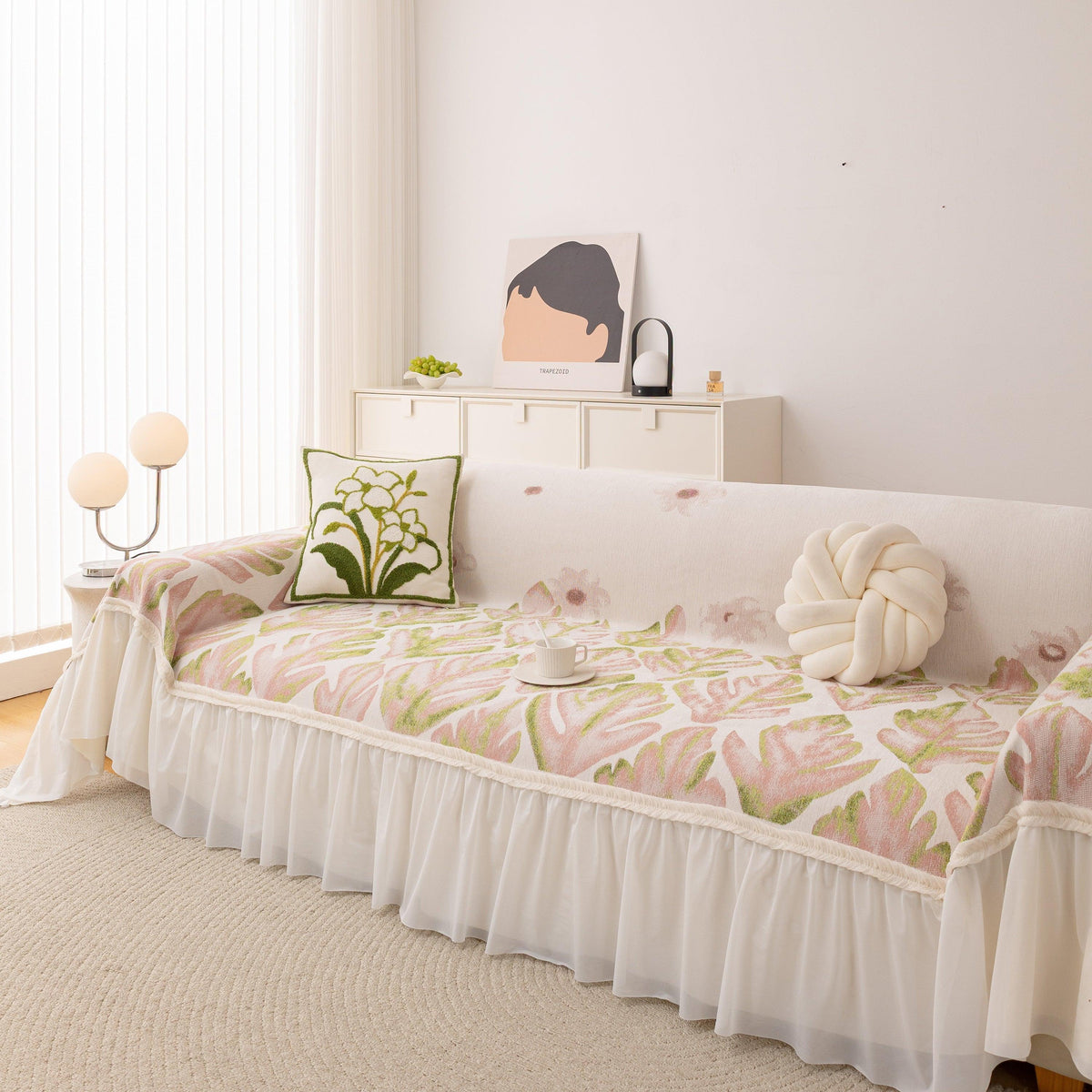Botanical Sofa Cover with Chiffon Skirt, Floral Couch Throw Blanket for All-Season
