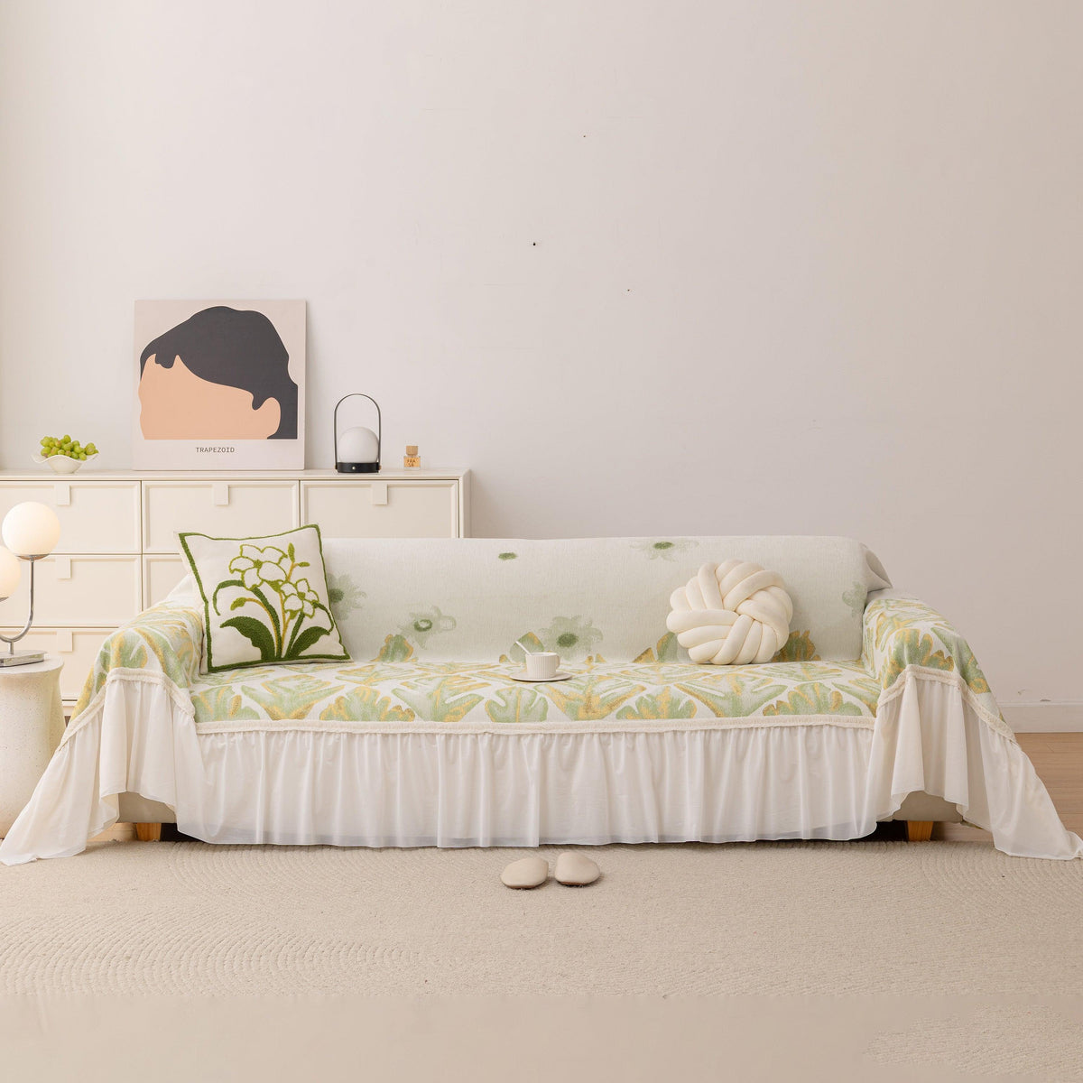 Botanical Sofa Cover with Chiffon Skirt, Floral Couch Throw Blanket for All-Season