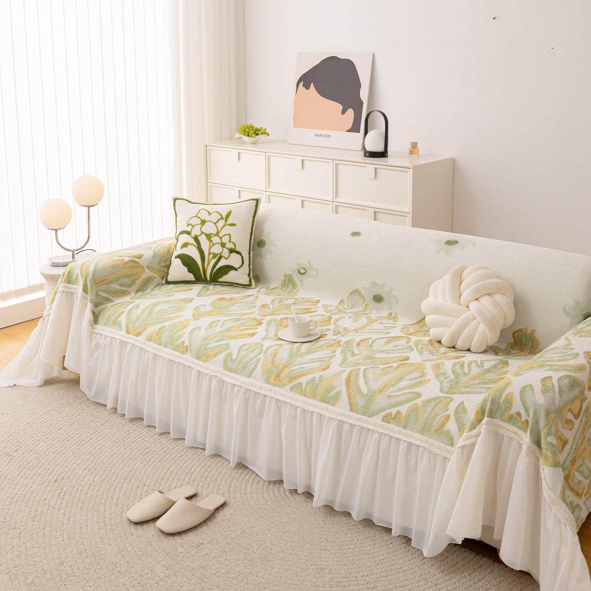 Botanical Sofa Cover with Chiffon Skirt, Floral Couch Throw Blanket for All-Season