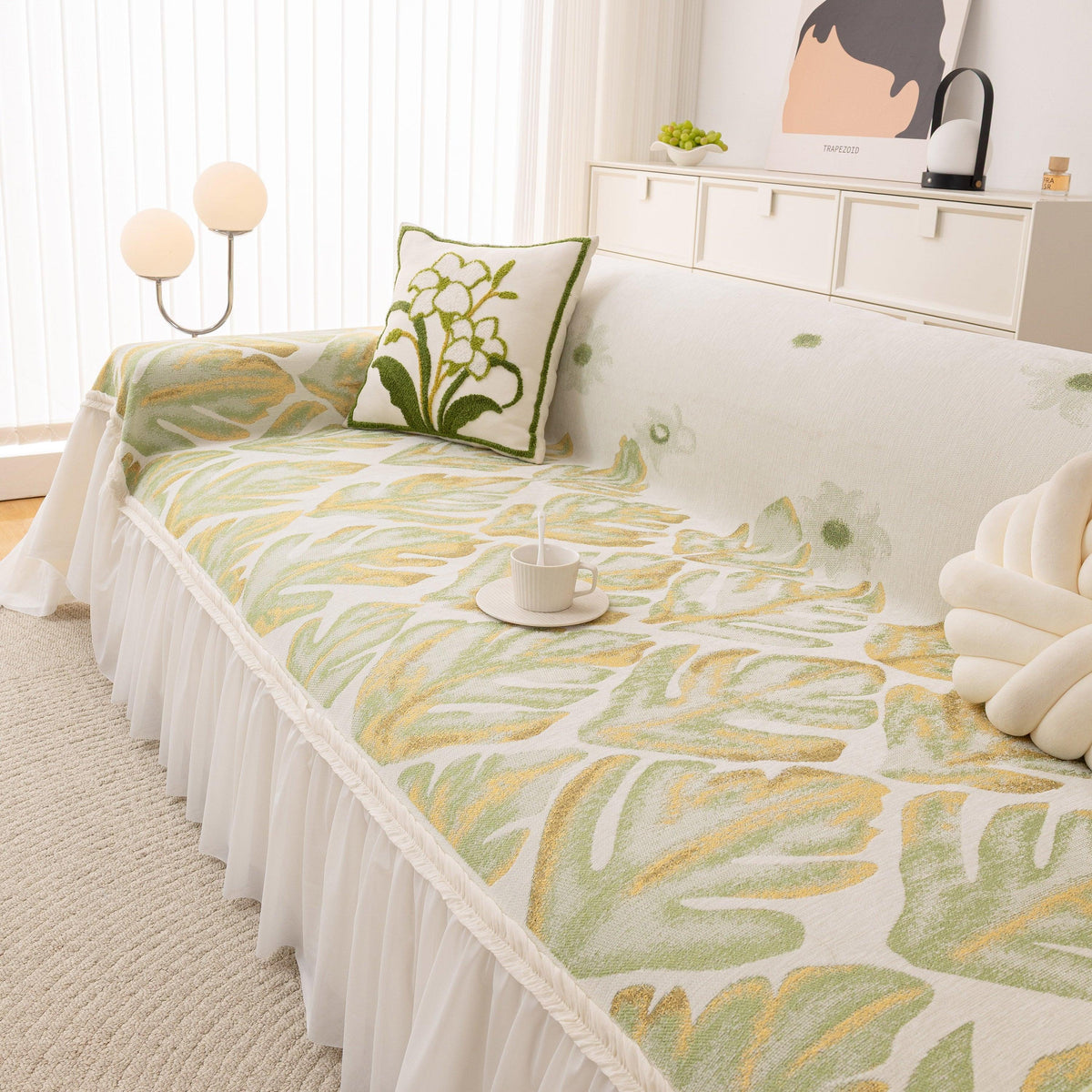 Botanical Sofa Cover with Chiffon Skirt, Floral Couch Throw Blanket for All-Season