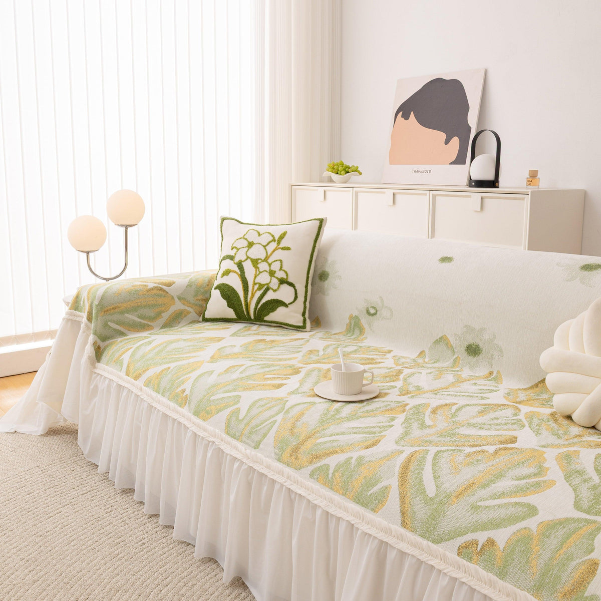 Botanical Sofa Cover with Chiffon Skirt, Floral Couch Throw Blanket for All-Season