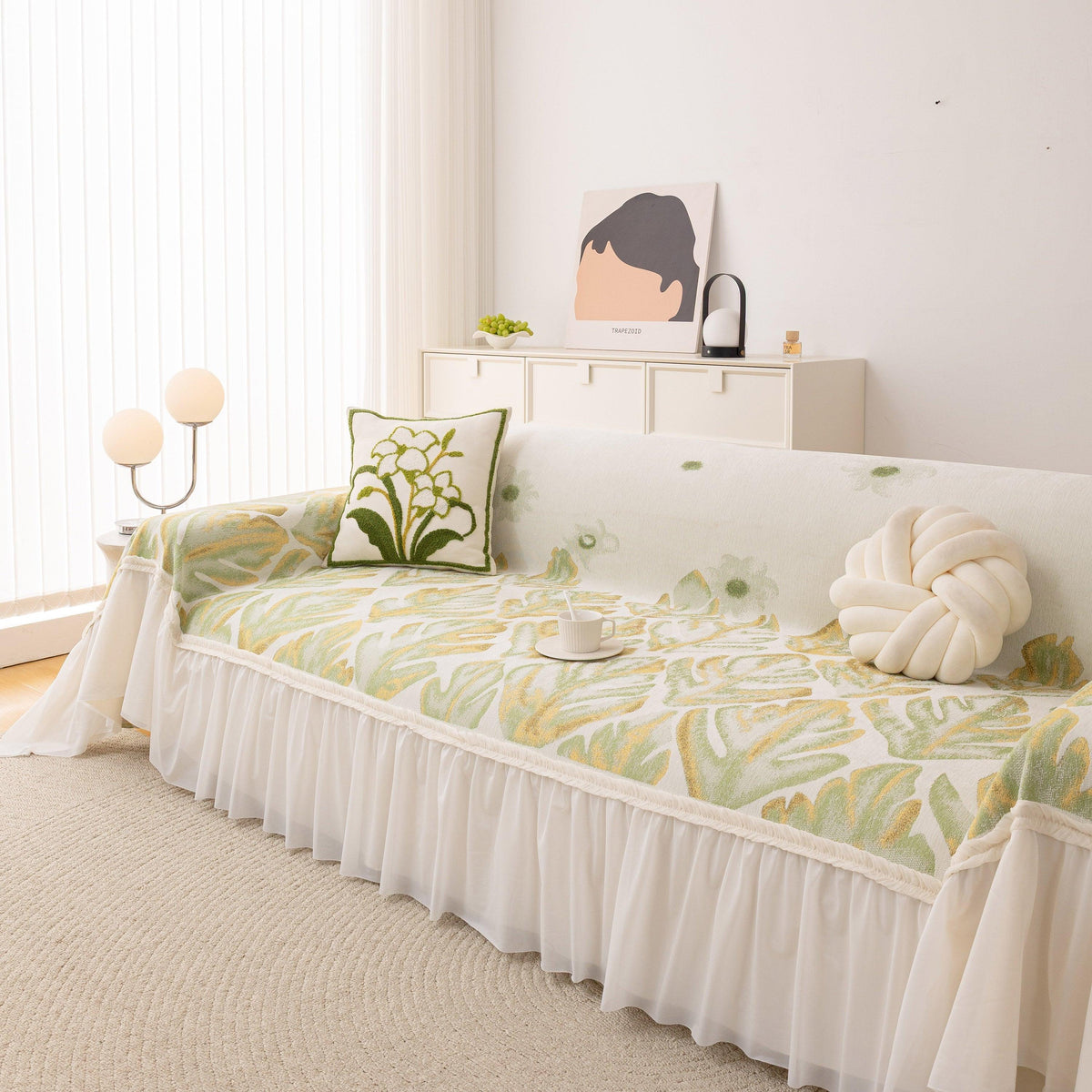 Botanical Sofa Cover with Chiffon Skirt, Floral Couch Throw Blanket for All-Season