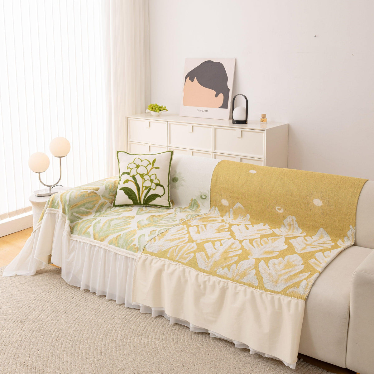Botanical Sofa Cover with Chiffon Skirt, Floral Couch Throw Blanket for All-Season