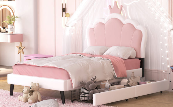Twin cushion princess bed with crown headboard and 2 drawers with headboard and footrest, pink+white