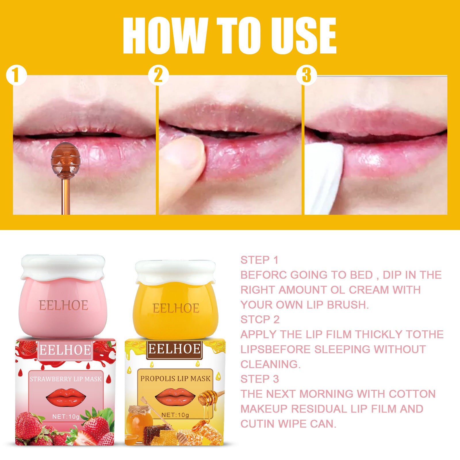 Strawberry Honey Lip Mask With Lip Brush Moisturizing Lip Mask Desalt Lip Color Moisturize Light Lip Lines Are Not Greasy And Easy To Absorb