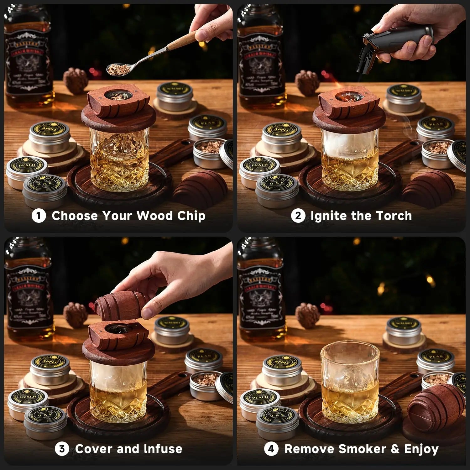 New Barrel Cocktail Smoking Kit with Wood Chips 4 Flavors Old Fashioned Drink Smoker Infuser for Bar Drinks Kitchen