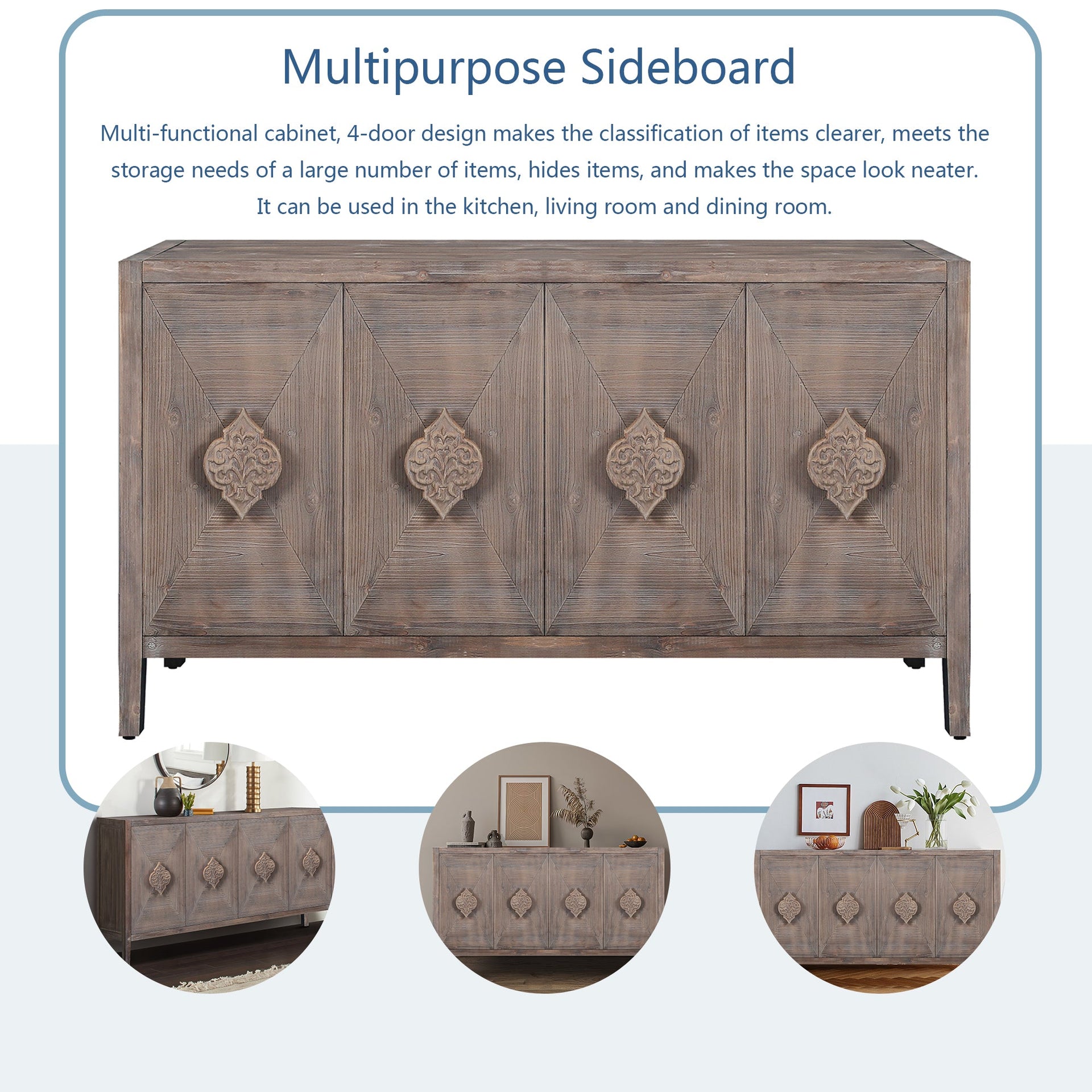 Carved Flower Door Handle, Antique Four Door Cabinet for Living Room Kitchen Hallway (Brown)