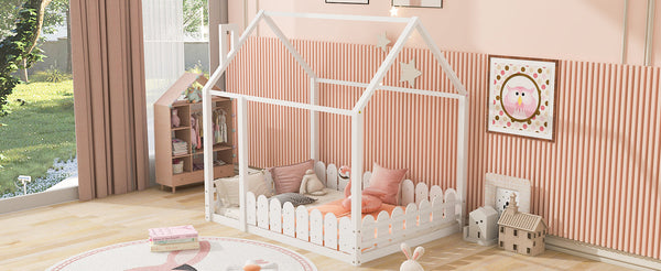 (Slats are not included) Full Size Wood Bed House Bed Frame with Fence for Kids Teens Girls Boys (White ) - Gifts for You 'n Me