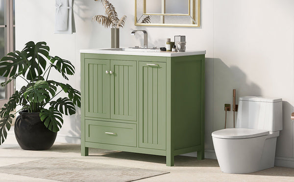 36 inch bathroom vanity with sink, one double door cabinet one large drawer and one flip drawer solid wood and MDF board, green