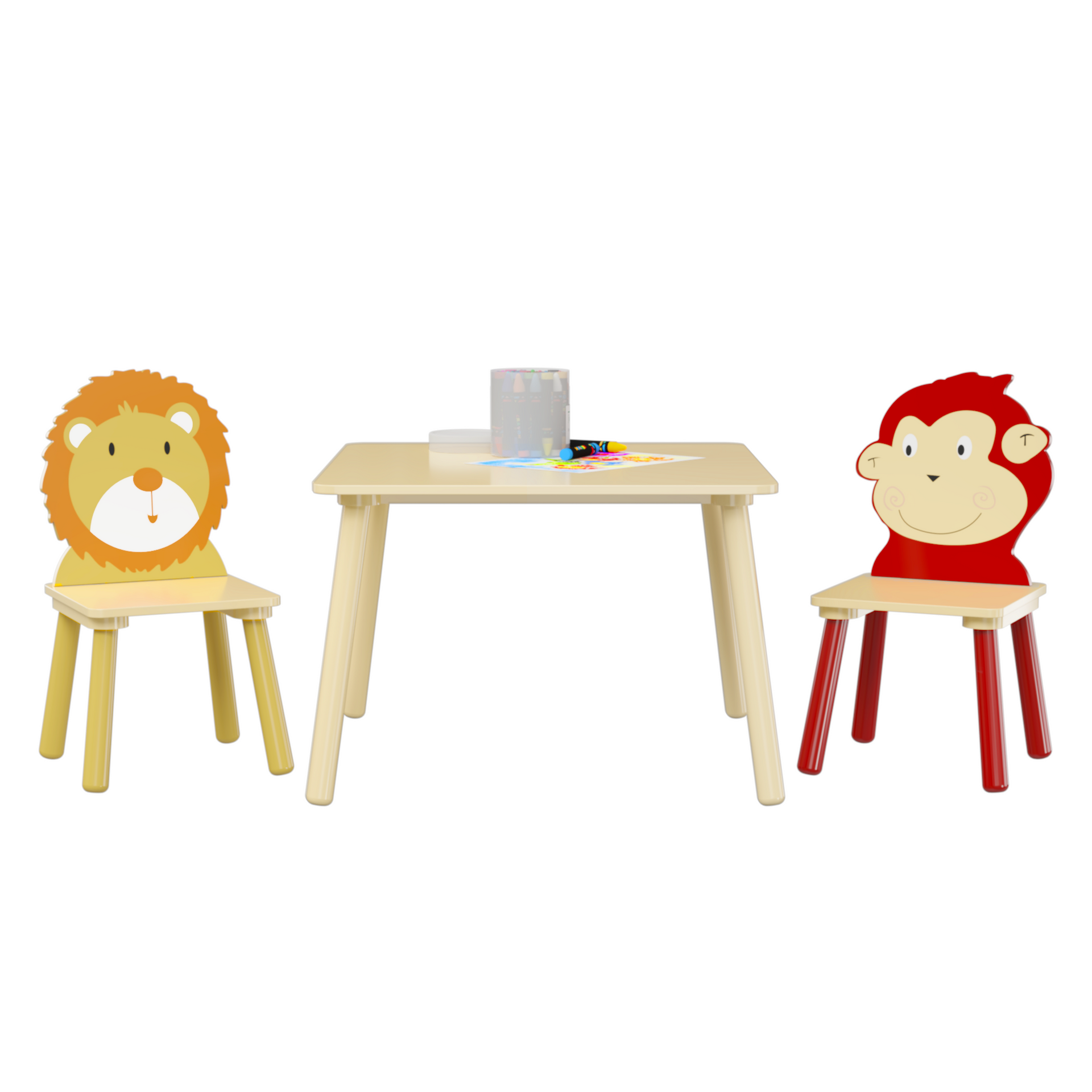 Kids Table and 2 Chairs Set 3 Pieces Toddler Table and Chair Set Wooden Activity Play Table Set (Lion&Monkey)