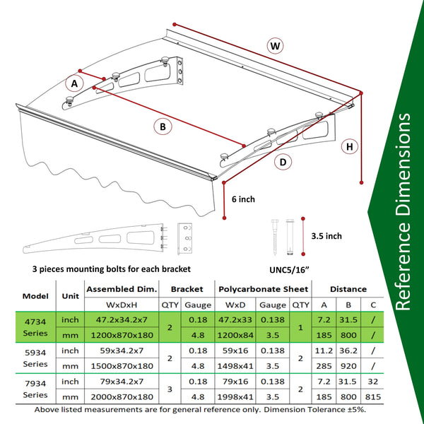 GarLUGH DA4734W Series Door Window Awning Made of 0.137 Inch Thick Crystal Solid Polycarbonate Sheet in size of 47