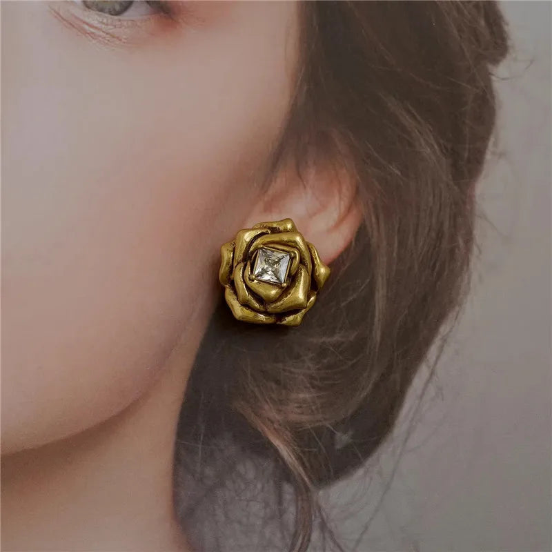 Brass Gold Color Metal Rose Flower Stud Earrings Geometry Zircon Shiny for Women Girls Jewelry Gifts Europe and America