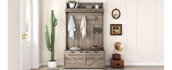 Hall tree with storage desk, entrance desk with drawers and 5 hooks, display rack,Oak