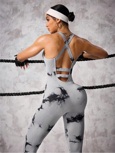 Back Crisscross Tie-Dye Scoop Neck Active Jumpsuit