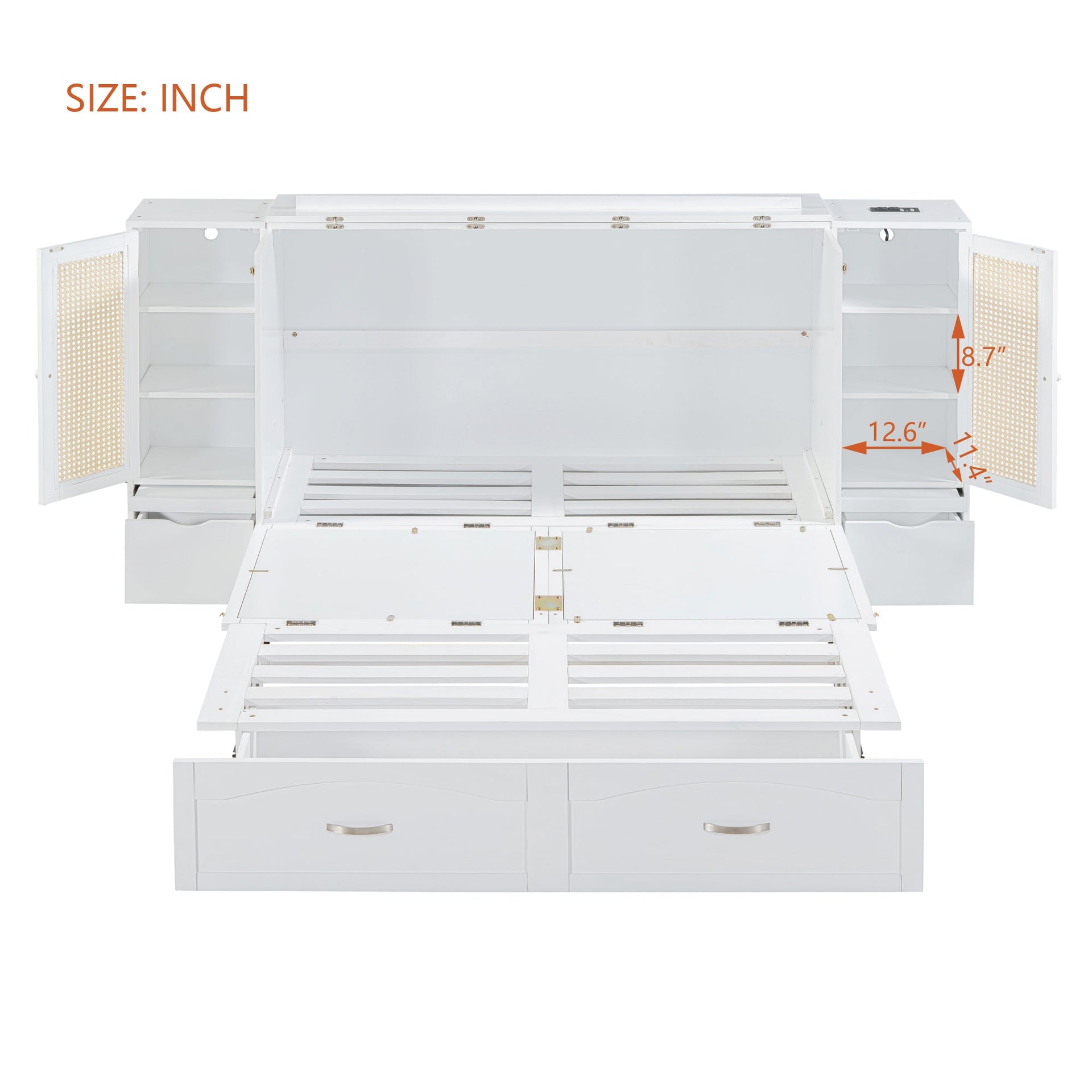 Large Murphy bed wall mounted bed with drawers, 2 storage cabinets, 1 set of sockets and USB ports, white