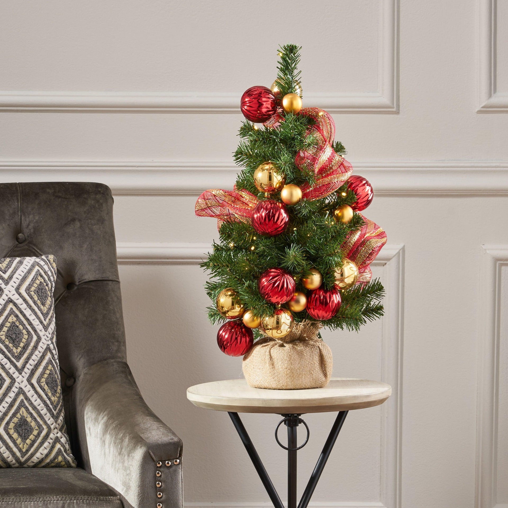 2'RED/GOLD DECORATION BURLAP TREE WITH 50 WARM WHITE LED LIGHTS-BATTERY OPERATED