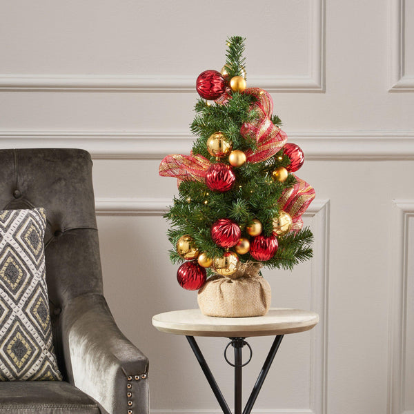 2'RED/GOLD DECORATION BURLAP TREE WITH 50 WARM WHITE LED LIGHTS-BATTERY OPERATED
