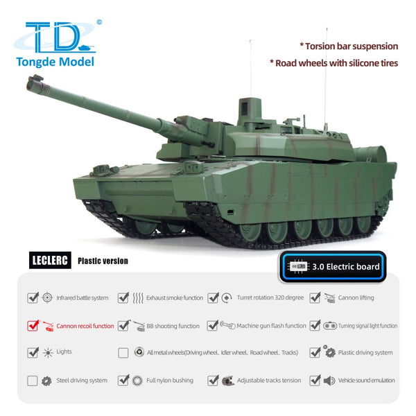 Tongde 1/16 RC Leclerc Tank – BB Shooting, Smoke, Recoil, 320° Turret