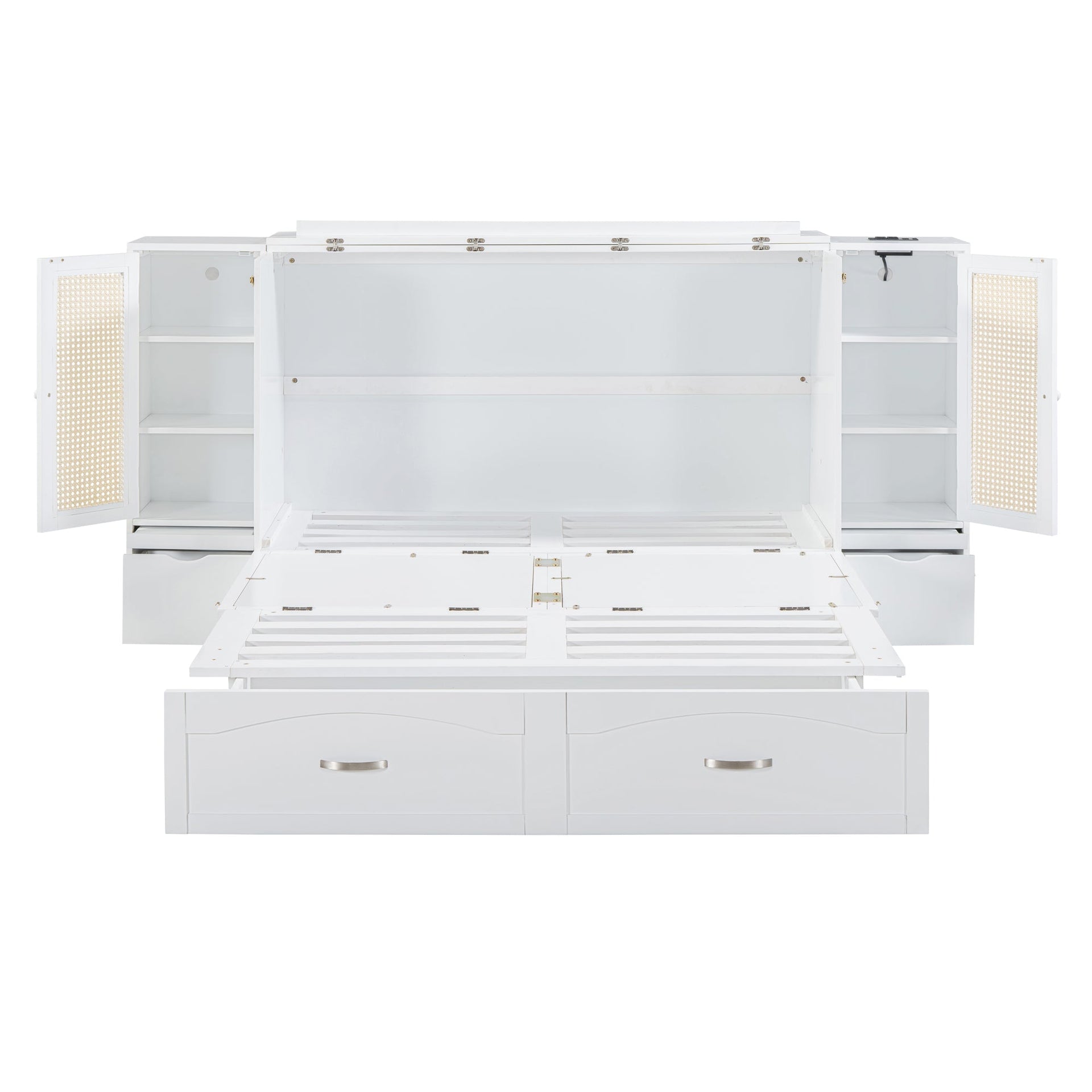 Large Murphy bed wall mounted bed with drawers, 2 storage cabinets, 1 set of sockets and USB ports, white