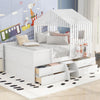 Full Size House Low Loft Bed with Four Drawers,White - White + Pine + Box Spring Not Required + Wood