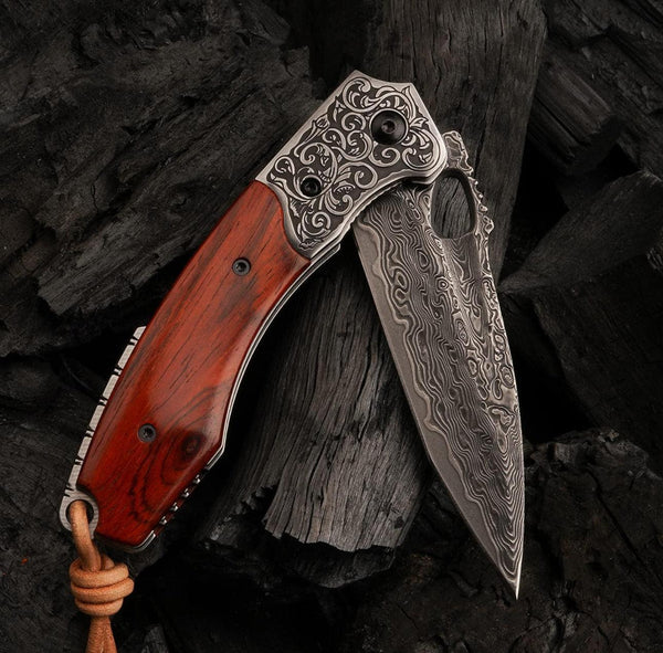 Starchaser Japanese Damascus Pocket Knife with Exotic Sandal Wood Handle