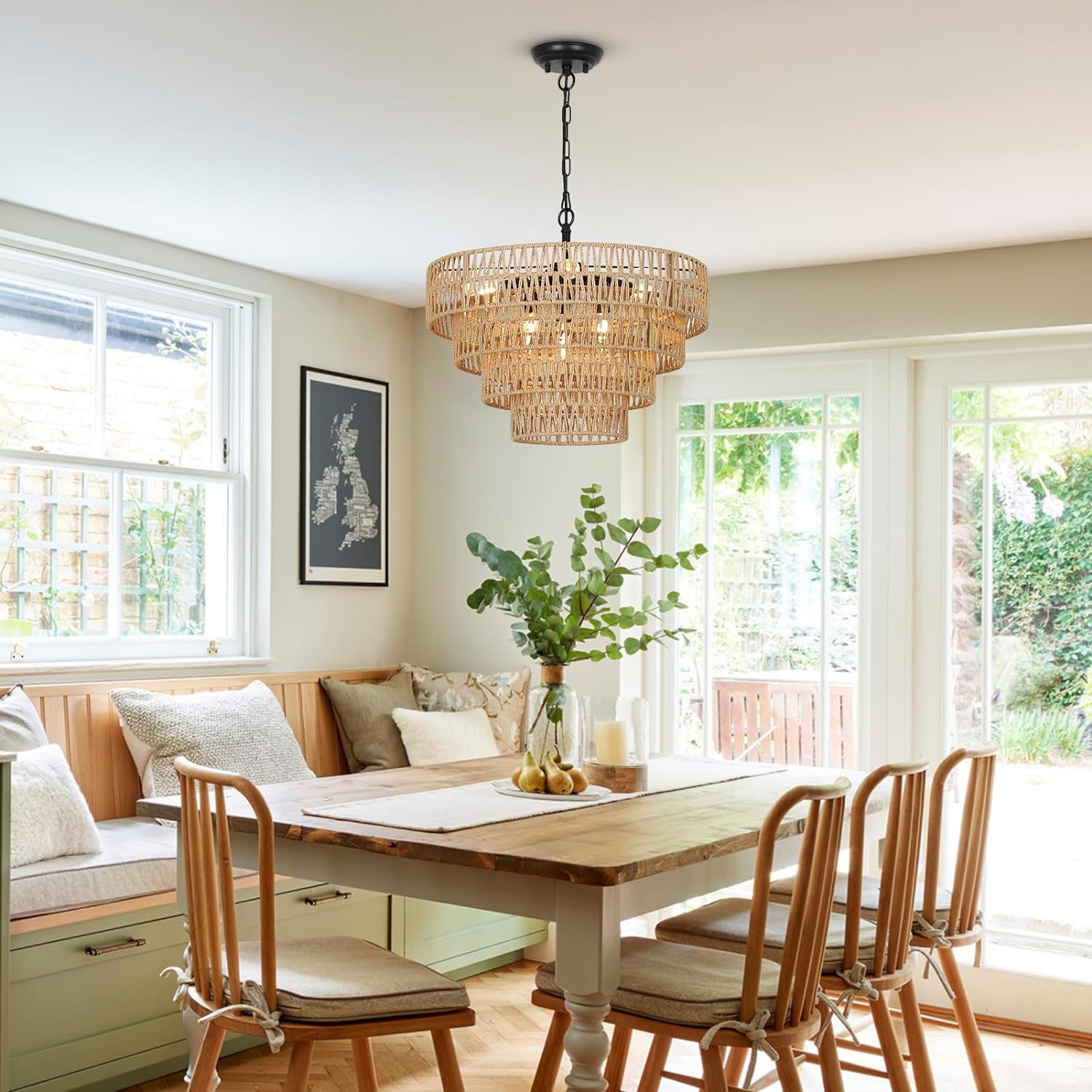 6-Light Dining Room Light Fixture, Wicker Pendant Lighting with 4-Tier Woven Lampshade, Large Farmhouse Chandeliers (20