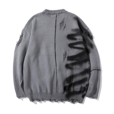 Graffiti Print Crew Neck Knit Sweater Men's Loose Fit Pullover with Hem Holes Street Style Trendy Design