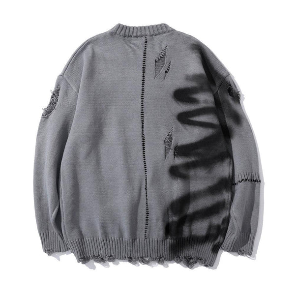 Graffiti Print Crew Neck Knit Sweater Men's Loose Fit Pullover with Hem Holes Street Style Trendy Design