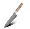 Luxe Japanese Damascus Chef Knife with Exotic Curly Maple Burl Wood Handle