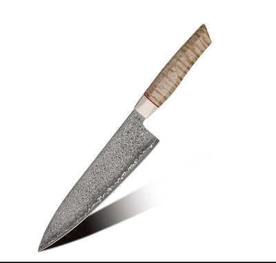 Luxe Japanese Damascus Chef Knife with Exotic Curly Maple Burl Wood Handle