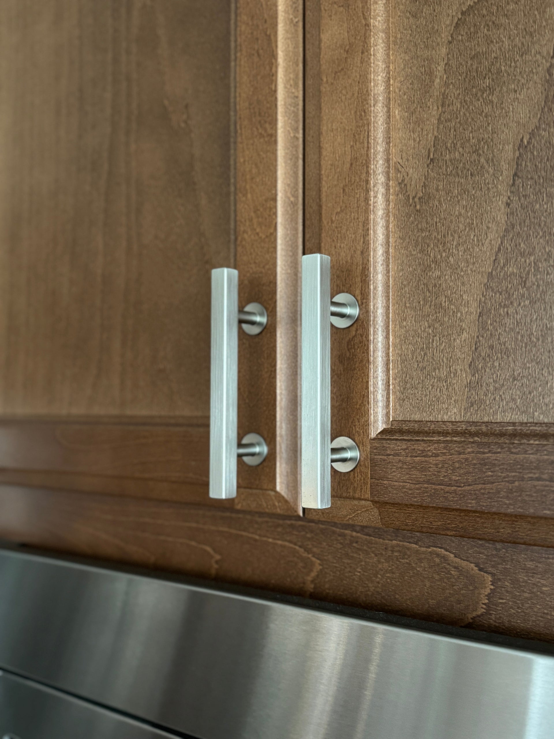 Lew's Square Bar Cabinet Knobs and Pulls in Brushed Nickel