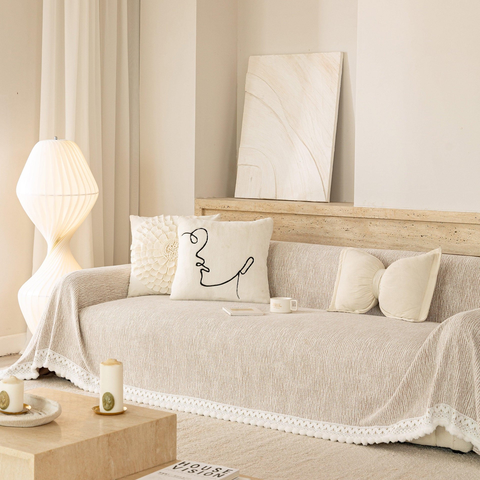 Sofa Cover Throw with Lace Trim & Pom-Pom Fringe, Decorative Couch Cover Blanket