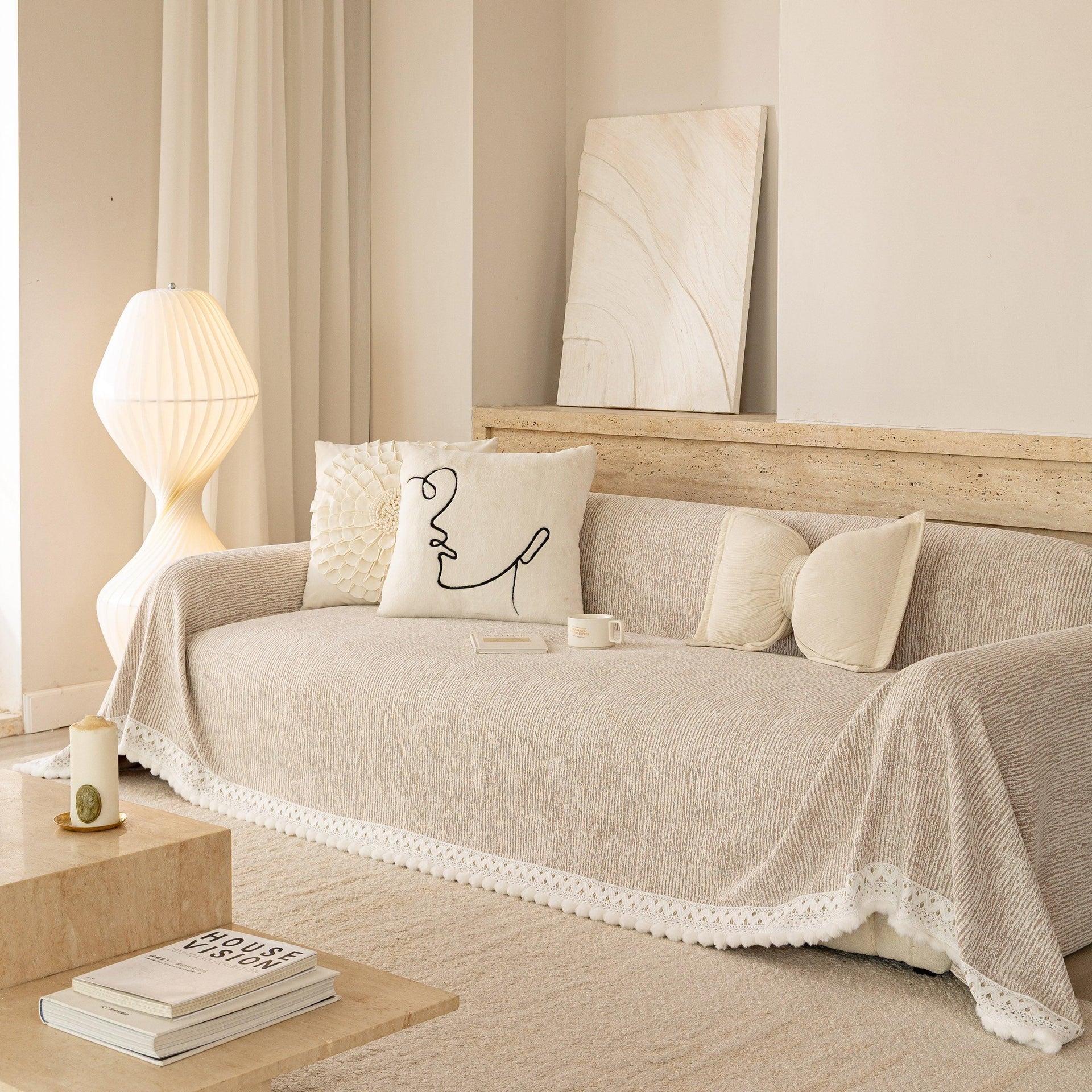 Sofa Cover Throw with Lace Trim & Pom-Pom Fringe, Decorative Couch Cover Blanket