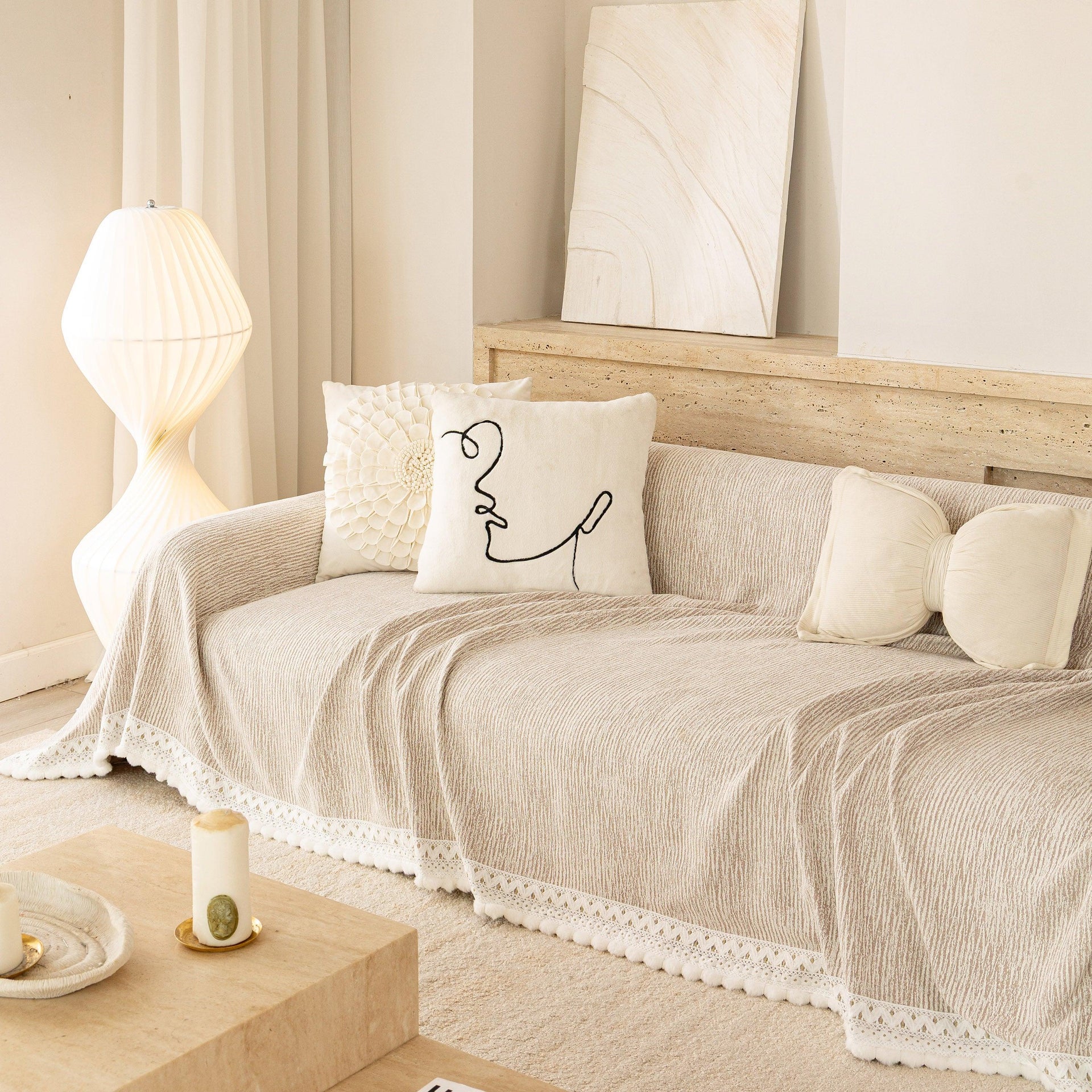 Sofa Cover Throw with Lace Trim & Pom-Pom Fringe, Decorative Couch Cover Blanket