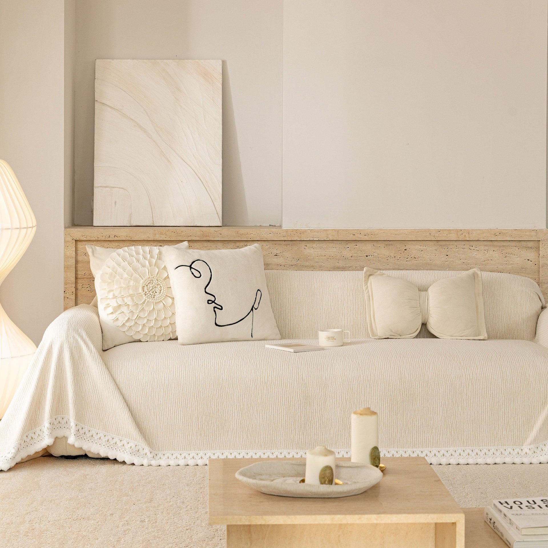 Sofa Cover Throw with Lace Trim & Pom-Pom Fringe, Decorative Couch Cover Blanket