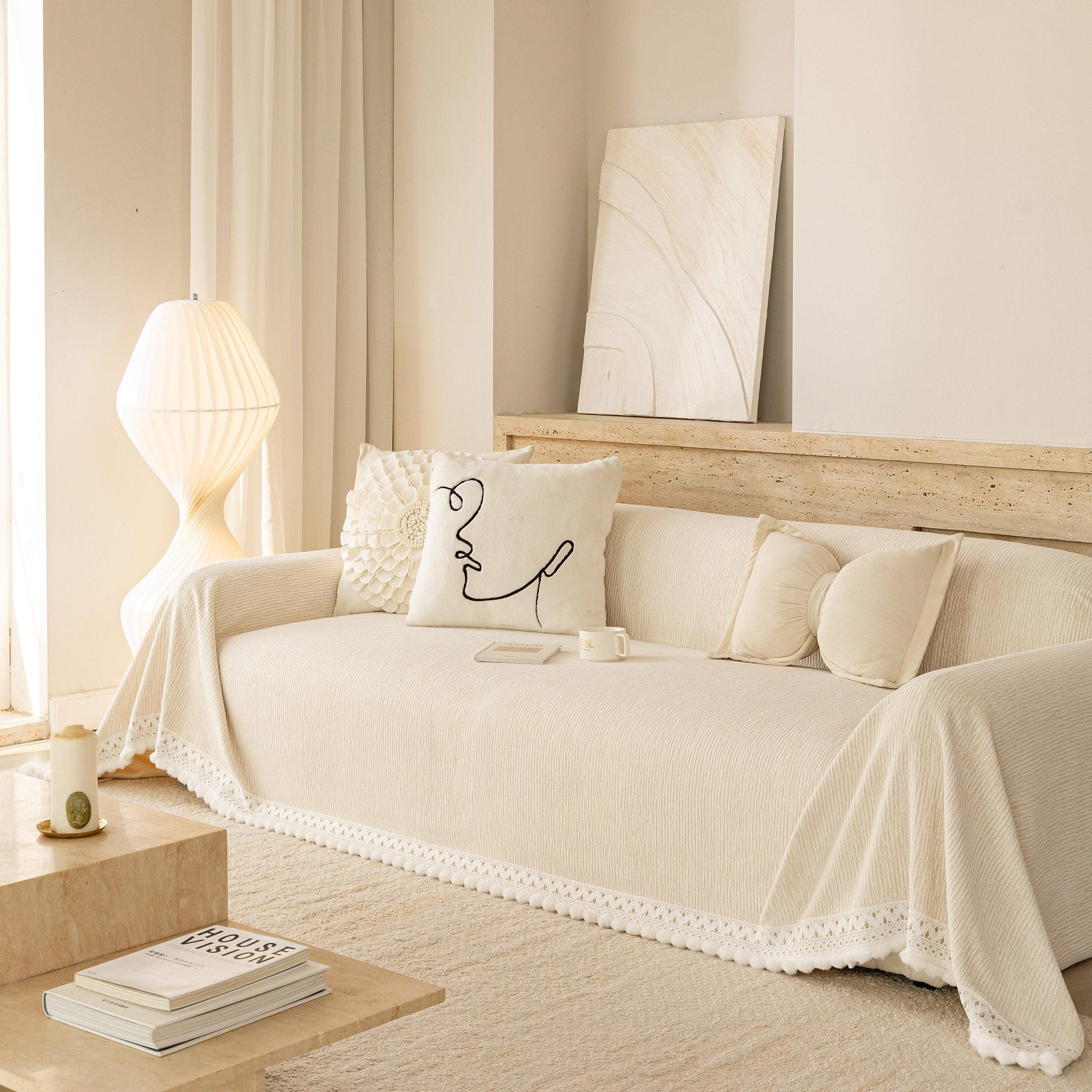 Sofa Cover Throw with Lace Trim & Pom-Pom Fringe, Decorative Couch Cover Blanket