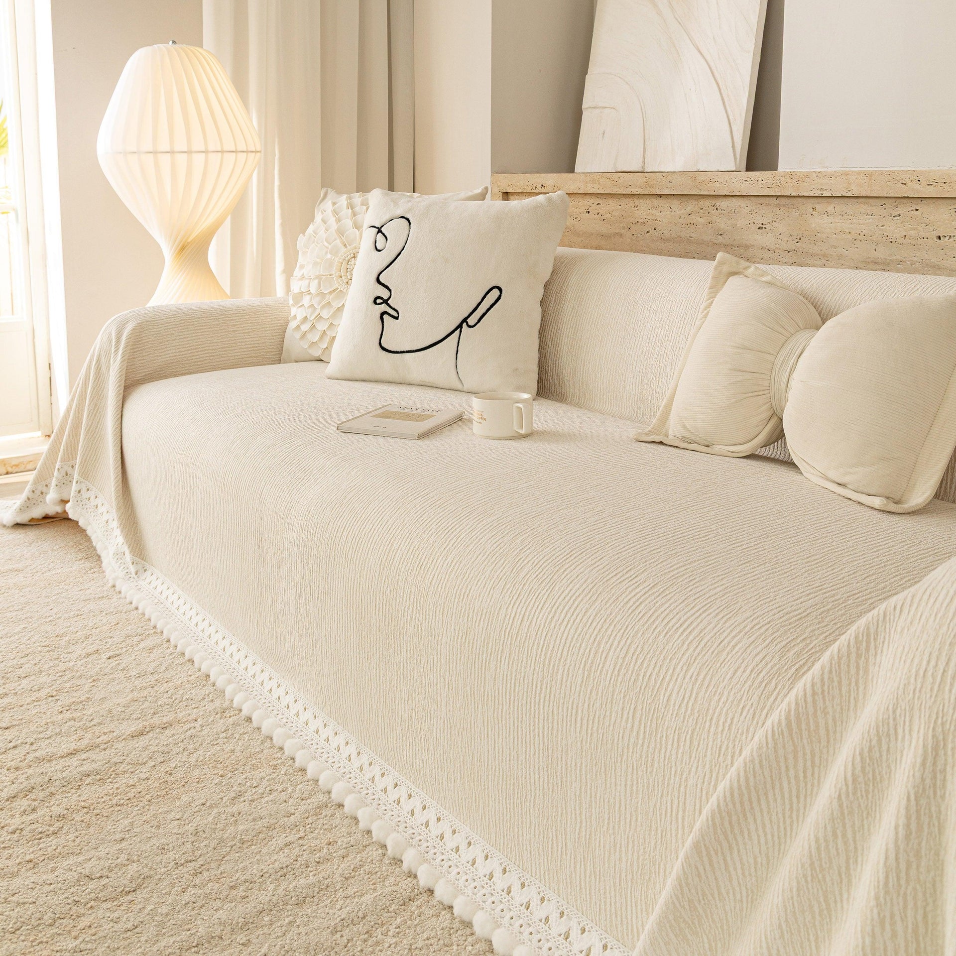 Sofa Cover Throw with Lace Trim & Pom-Pom Fringe, Decorative Couch Cover Blanket