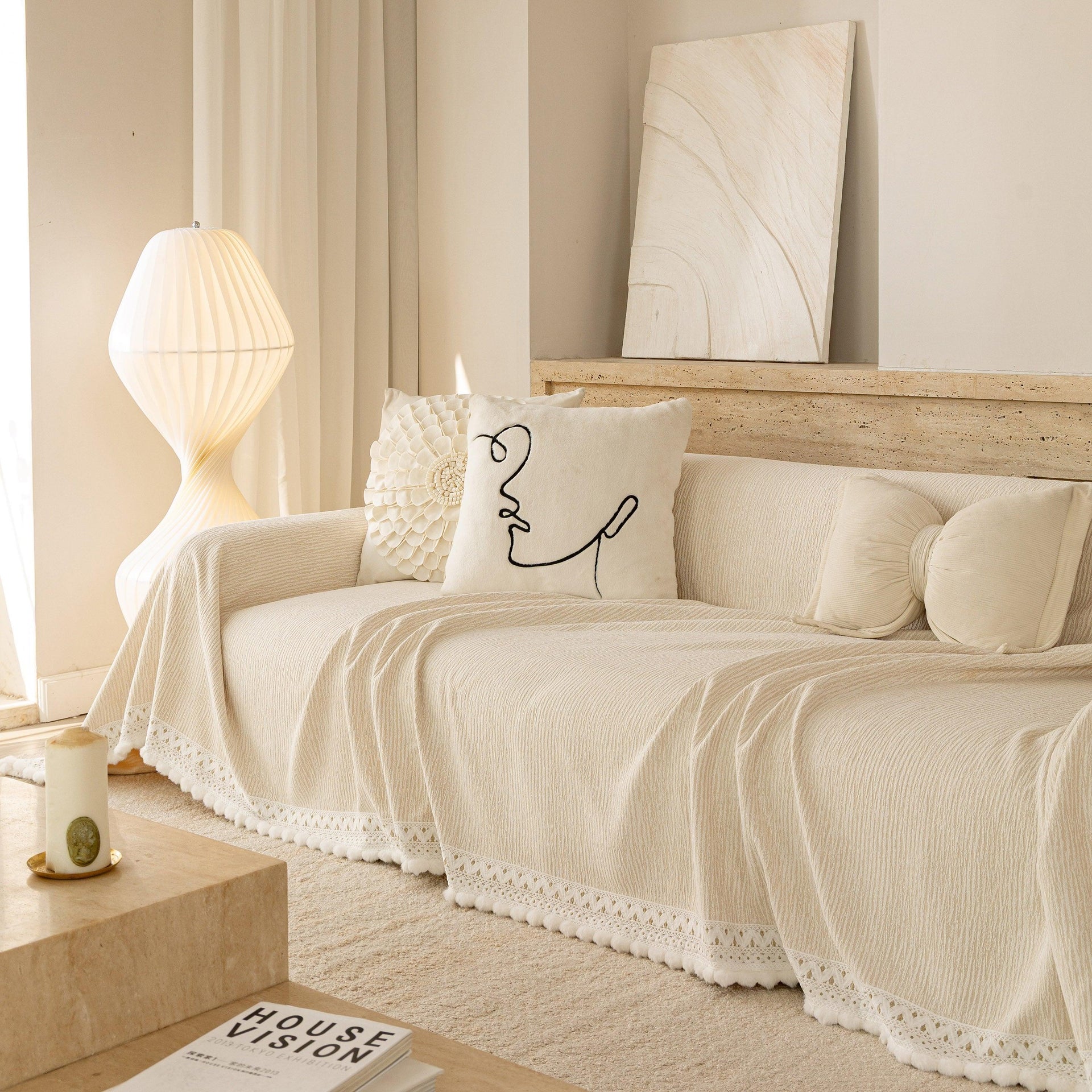 Sofa Cover Throw with Lace Trim & Pom-Pom Fringe, Decorative Couch Cover Blanket