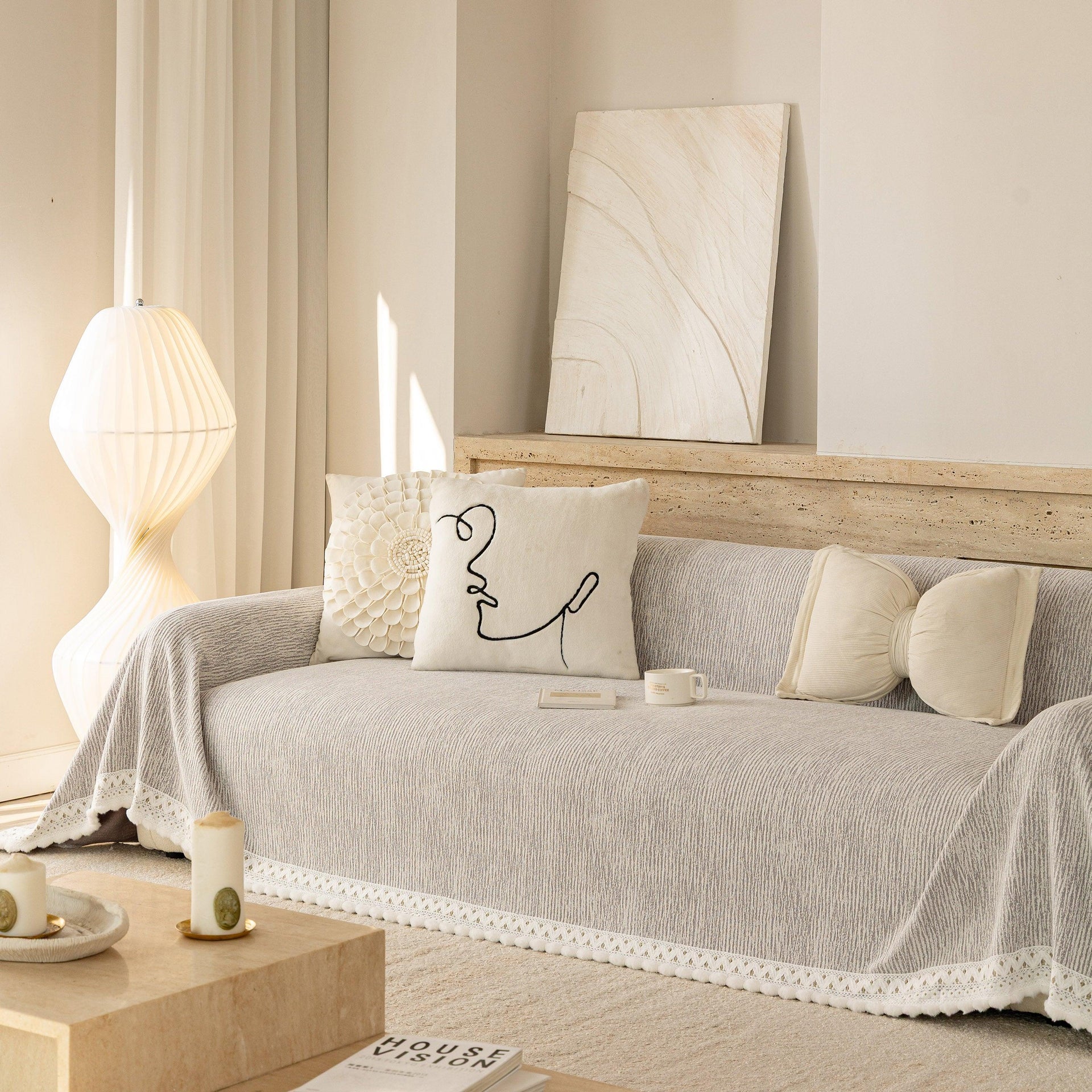 Sofa Cover Throw with Lace Trim & Pom-Pom Fringe, Decorative Couch Cover Blanket