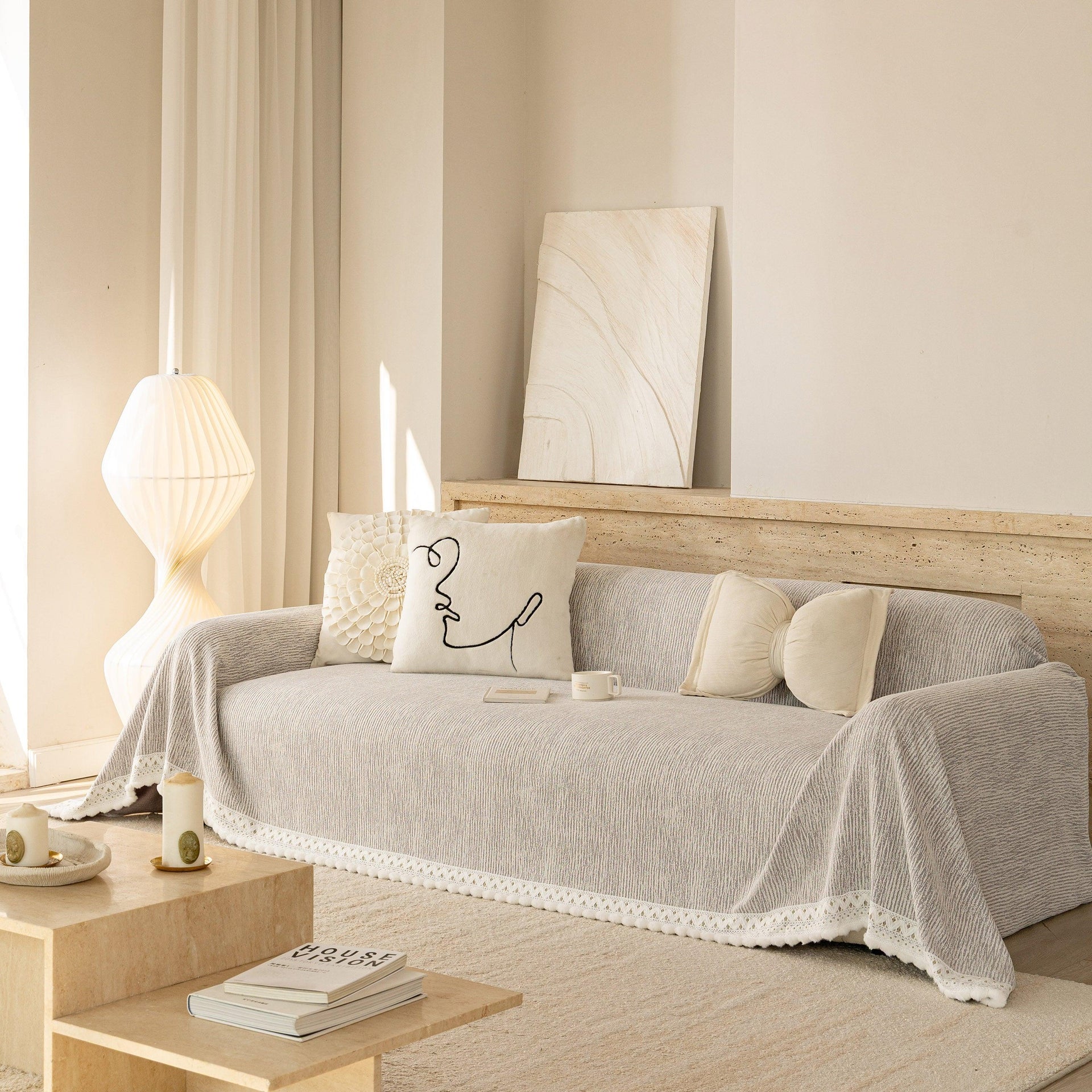 Sofa Cover Throw with Lace Trim & Pom-Pom Fringe, Decorative Couch Cover Blanket