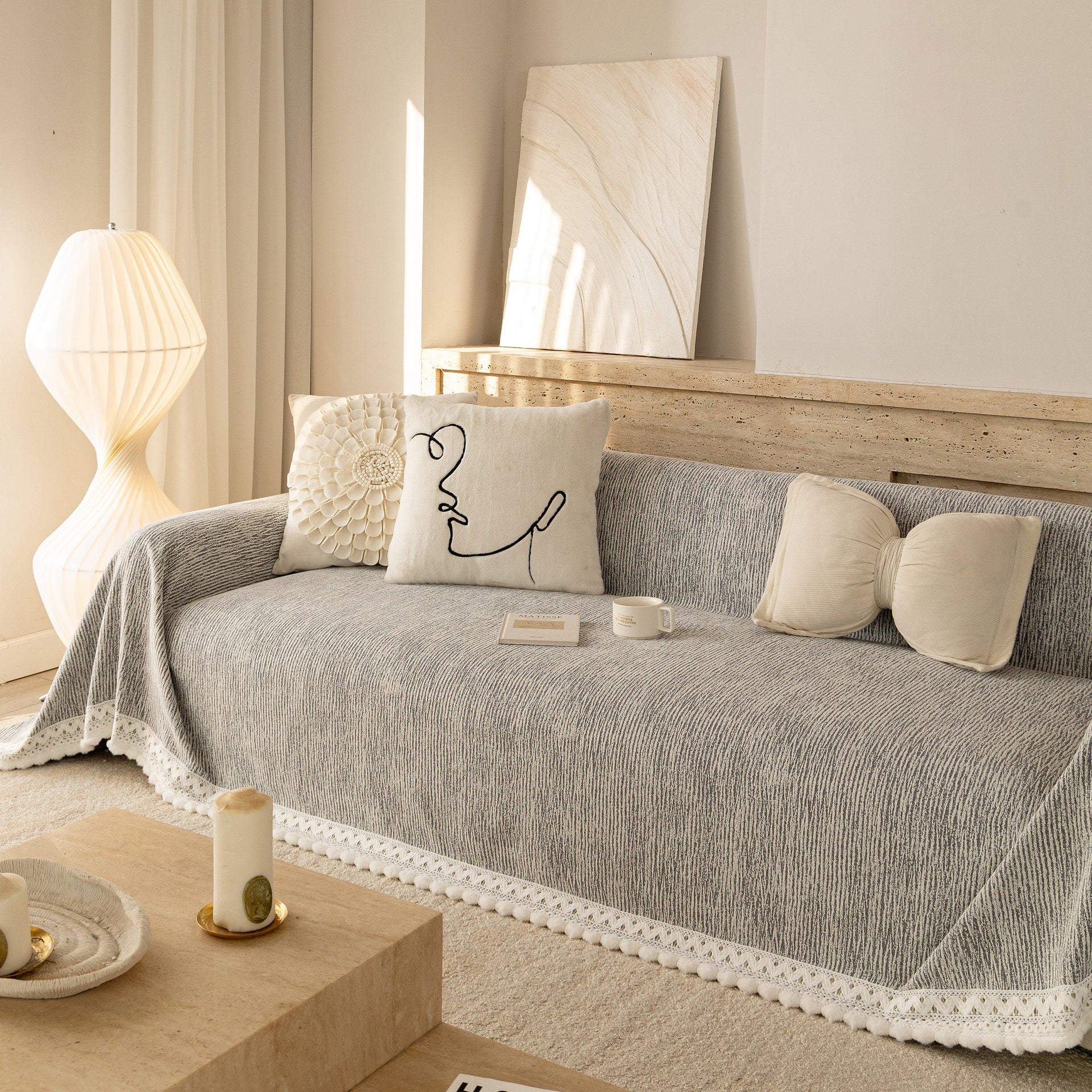 Sofa Cover Throw with Lace Trim & Pom-Pom Fringe, Decorative Couch Cover Blanket