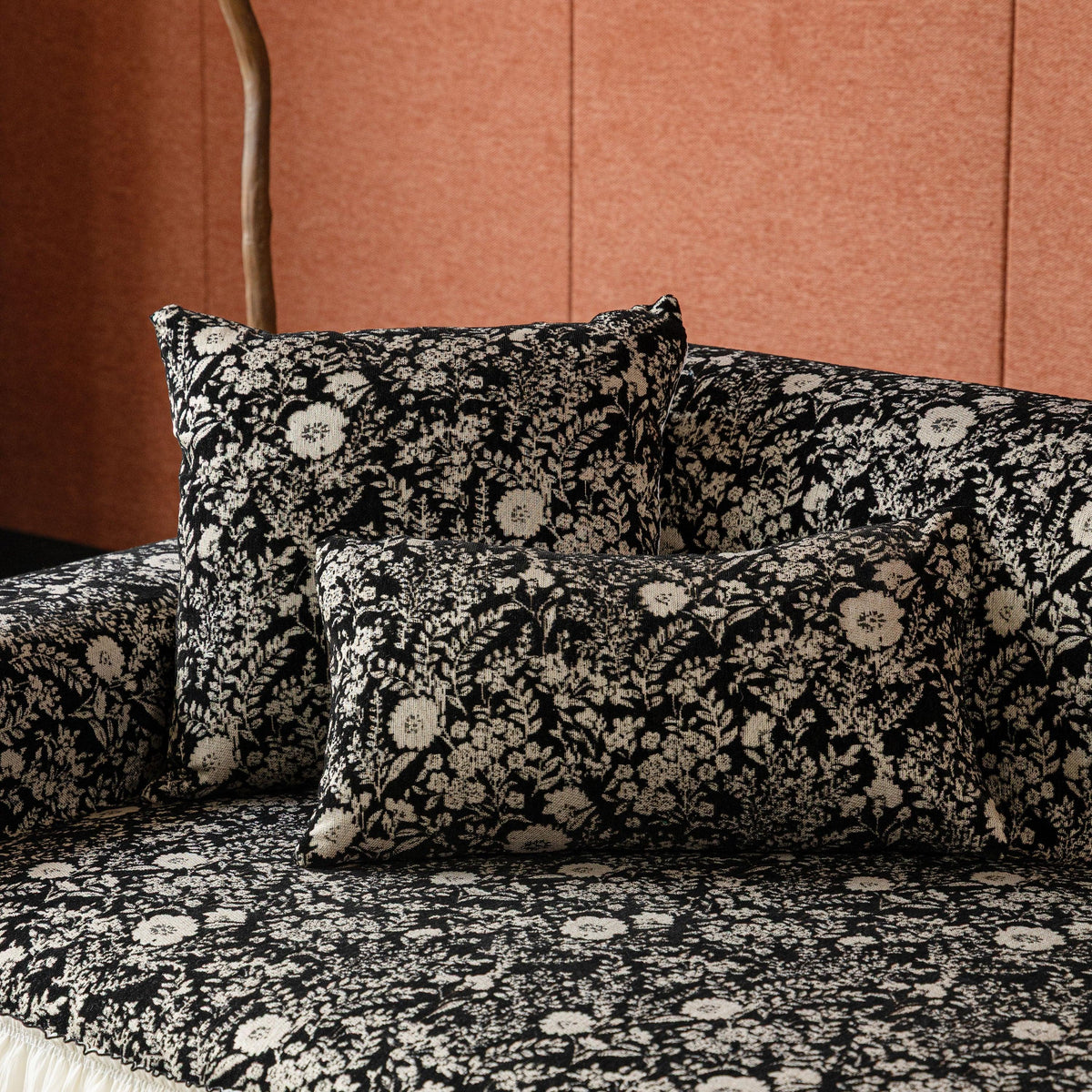 French Country Floral Sofa Cover with Chiffon Ruffle Skirt, Vintage Sofa Throw Cover