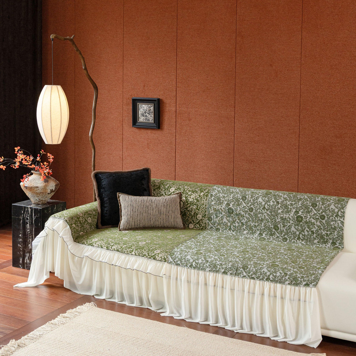 French Country Floral Sofa Cover with Chiffon Ruffle Skirt, Vintage Sofa Throw Cover