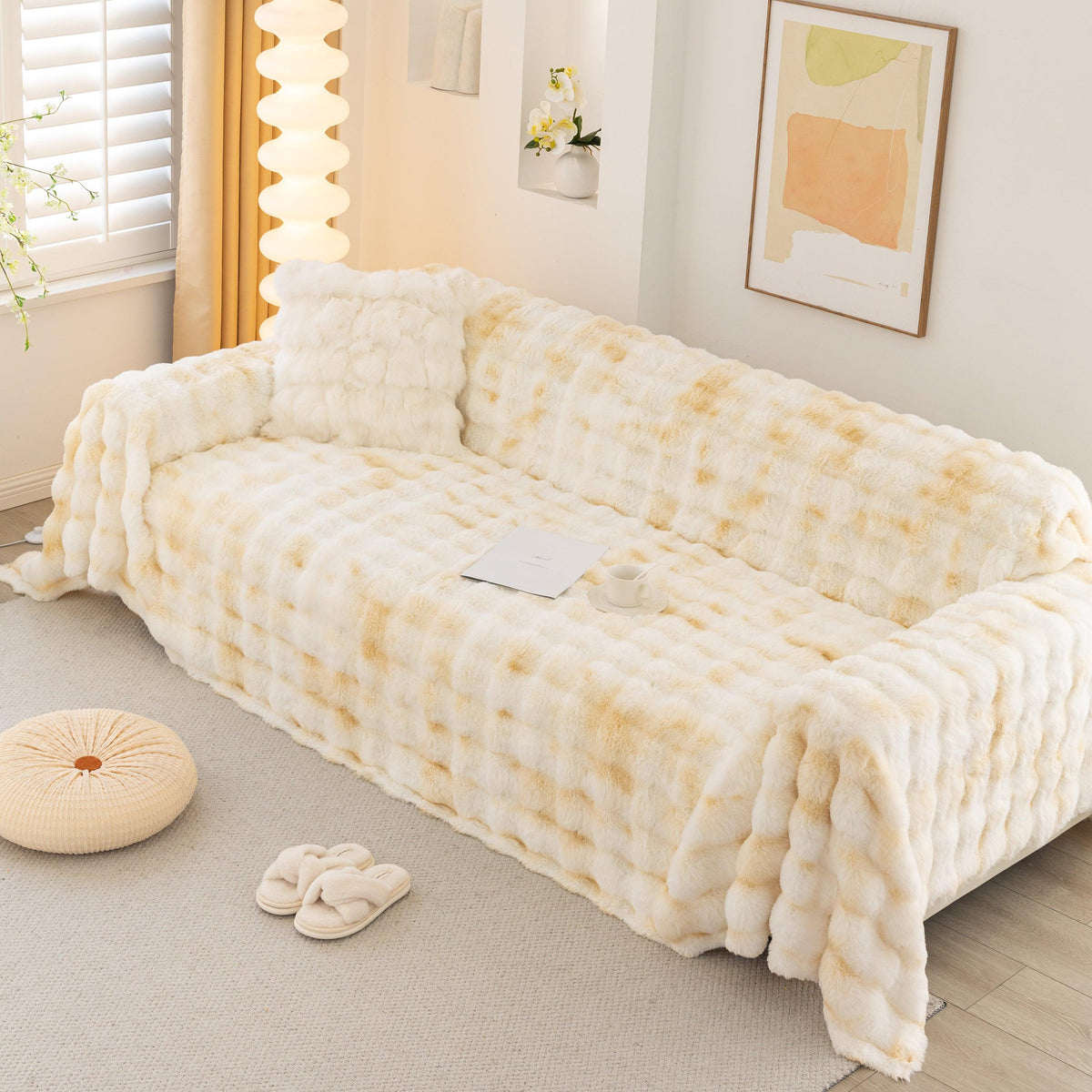 Thick Faux Fur Couch Cover Fluffy Fuzzy Warm Washable Furniture Protector for Kids Pets