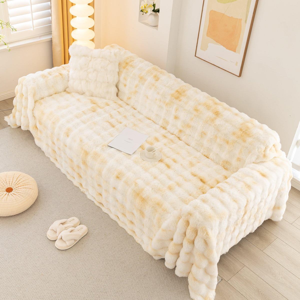 Thick Faux Fur Couch Cover Fluffy Fuzzy Warm Washable Furniture Protector for Kids Pets