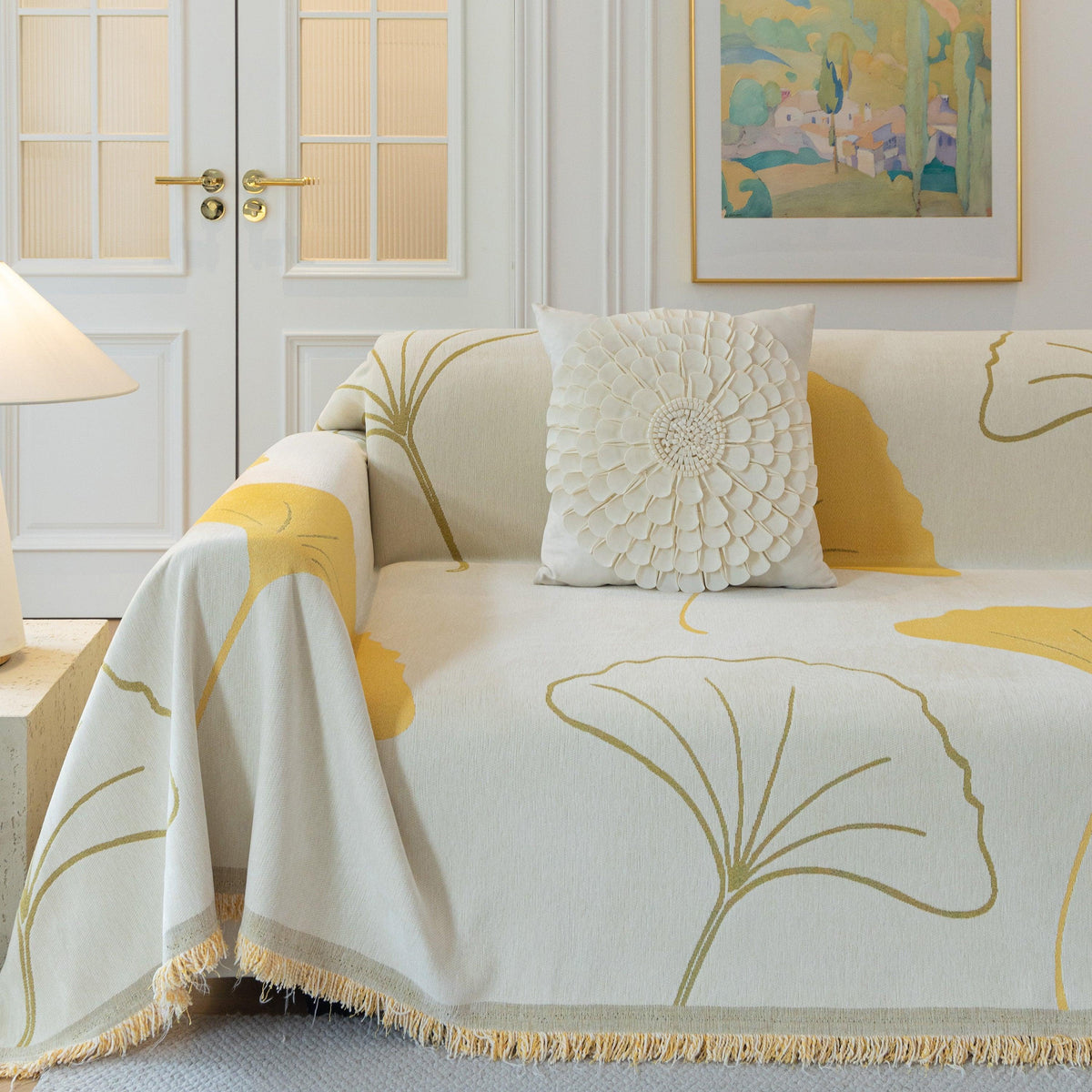 Cozy Couch Throw Blanket with Tassels, Jacquard Leaf Pattern Furniture Protector