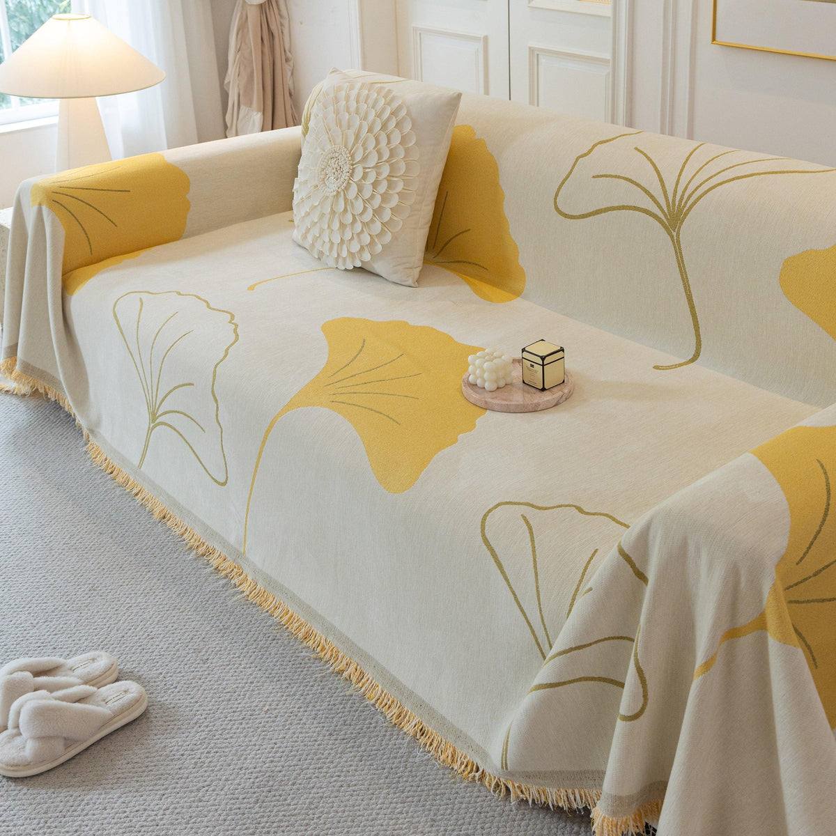 Cozy Couch Throw Blanket with Tassels, Jacquard Leaf Pattern Furniture Protector