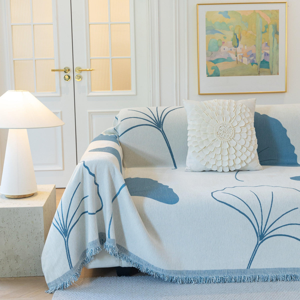 Cozy Couch Throw Blanket with Tassels, Jacquard Leaf Pattern Furniture Protector