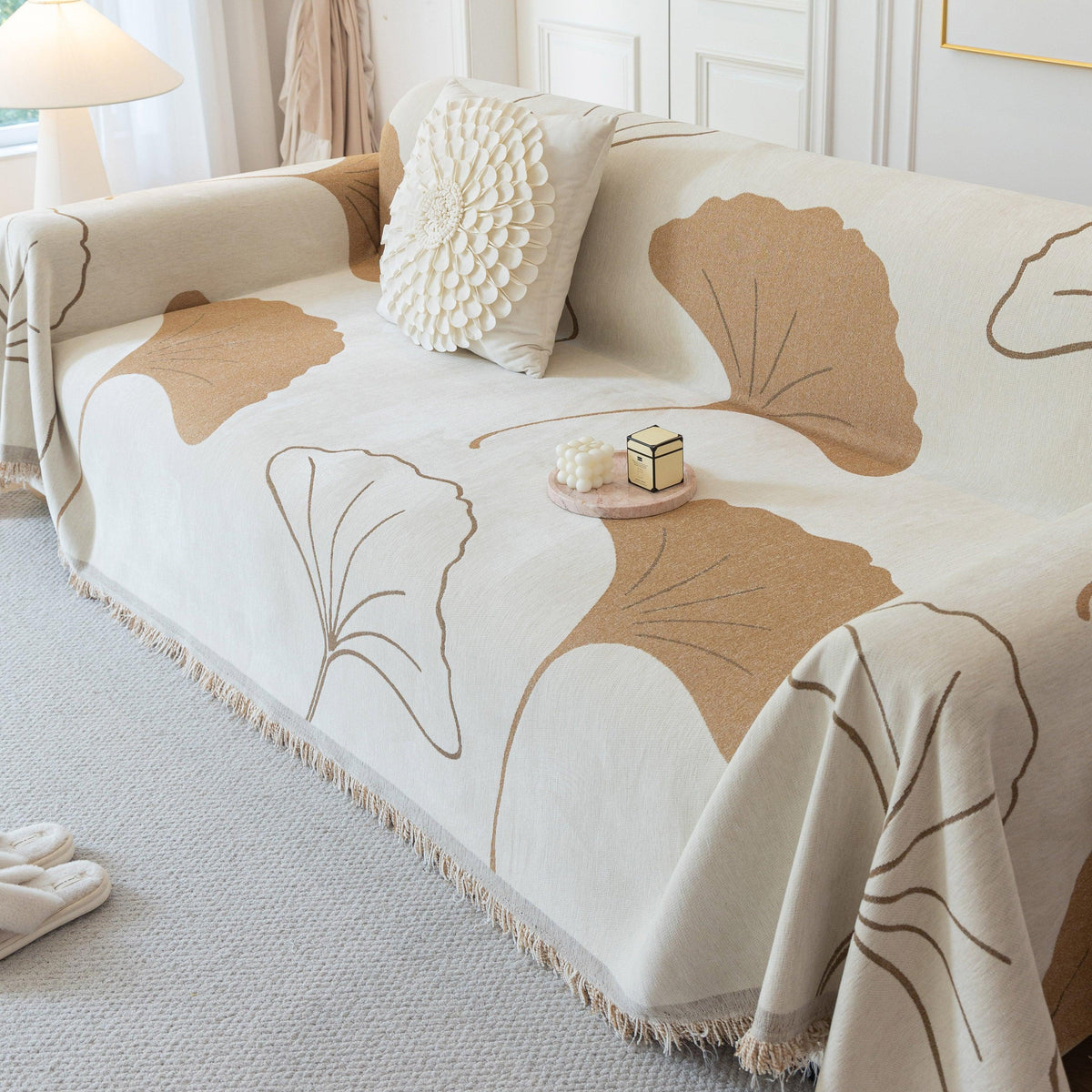 Cozy Couch Throw Blanket with Tassels, Jacquard Leaf Pattern Furniture Protector