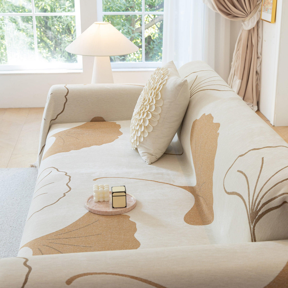 Cozy Couch Throw Blanket with Tassels, Jacquard Leaf Pattern Furniture Protector